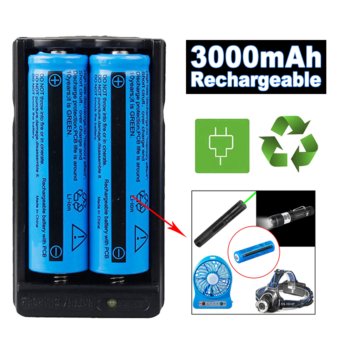

New 2x 18650 Battery 3000mAh 3.7v BRC Li-ion Rechargeable Battery for Flashlight + 18650 Dual Charger