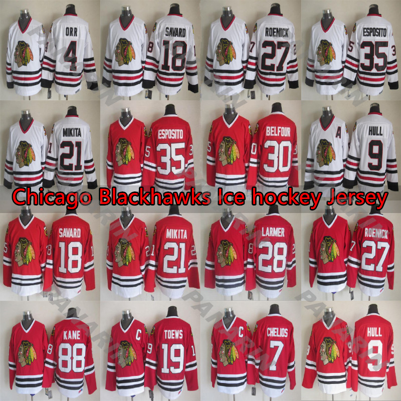 

Chicago Blackhawks jersey 19 Toews 88 Kane 2 Duncan Keith 21Makita 35 Esposito 7 Chelios 9 Hull Vintage version Hockey Jerseys, White