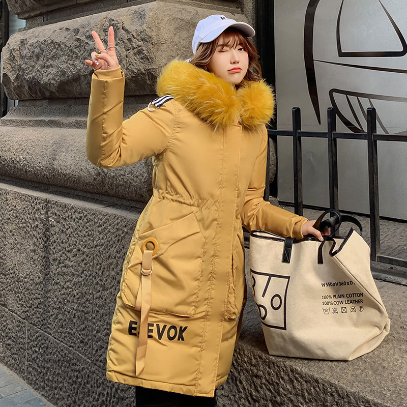 

2019 New Fashion Women Winter Jacket Cotton Padded Warm Thicken Big Pocket Ladies Long Letter Printing Parka Womens Jackets, Beige