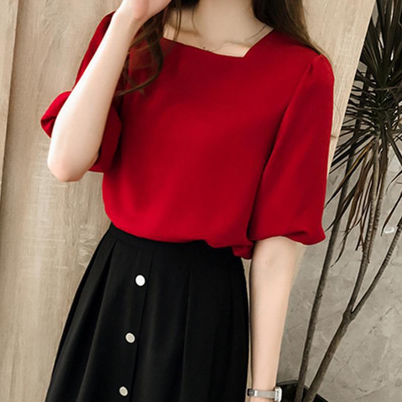 

Summer Red Chiffon Blouse Women Casual Solid Color Basic Shirt Fashion Square Collar Lantern Sleeve Tops, White