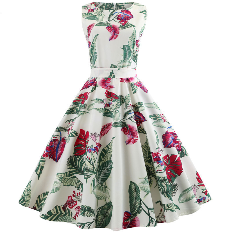 

White Floral Print Vintage Dress Summer Women Sleeveless robe Big Swing Rockabilly Pin Up Dresses Casual Midi Work Office Party, Jy12441