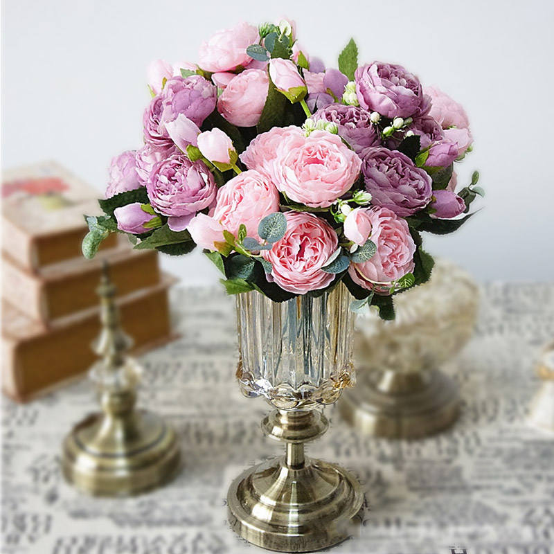 

1 Bunch Artificial Silk Rose Peony Flowers Wedding Decoration Fall Flores 5 Heads Bouquet DIY Home Fake Flower Wreath A49A29, Purple