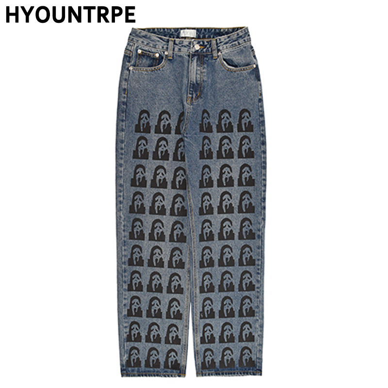 

High Street Harajuku Printed Denim Pants Mens Straight Zipper Jeans Trouser Hip Hop Streetwear Casual Loose Joggers Jean Pants, Blue