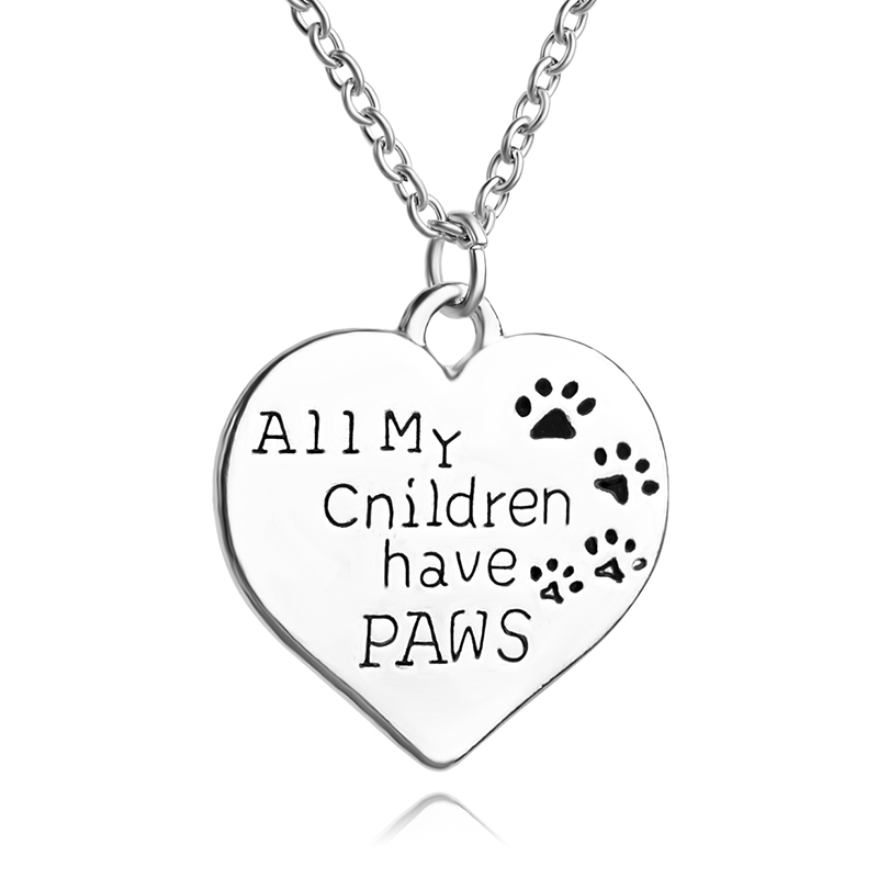 

JG1 All My Children Have Paws Letter engraved Chain necklace Pet Lover Dog cat Paw Print Tag Silver Heart Pendant Necklace children 3059
