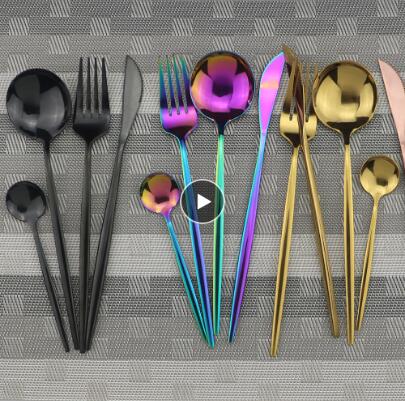 

4pcs Black Dinnerware Set 18/10 Stainless Steel Cutlery Rainbow Dinner Set Knife Fork Spoon Silverware Kitchen Tableware Set