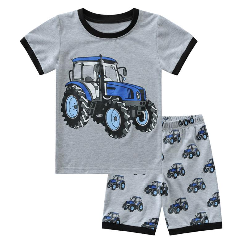 

KANCOOLD children boys cartoon truck train pattern striped shirt short-sleeved T-shirt + ship pattern shorts suit, Blue