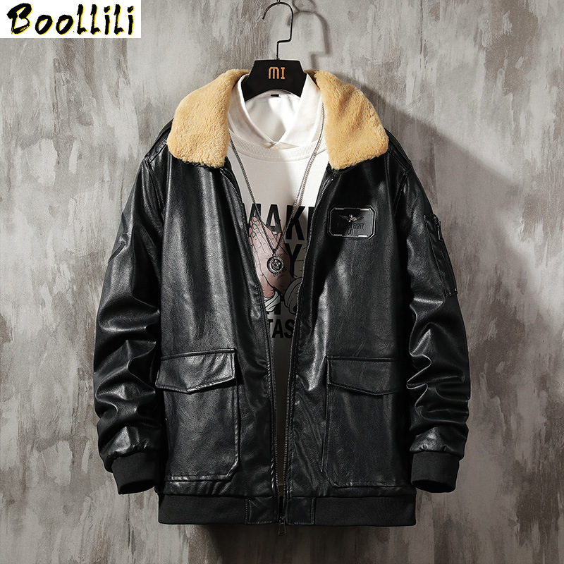 

Retro Motorcycle Leather Jacket Men Fleece Autumn Winter Fashion PU Leather Thick Coat Male Plus Size -4XL Mens Jacket, Black
