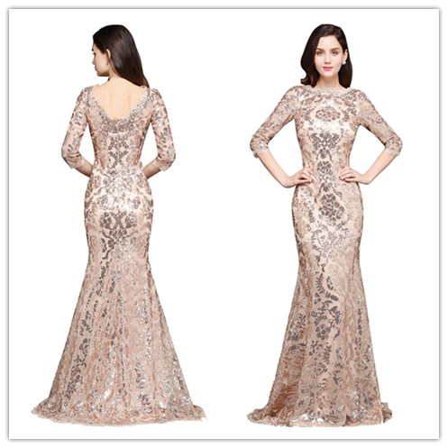 

2019 Elegant Rose Gold Mermaid Sequined Lace Evening Dresses Jewel Neck Half Sleeves Cheap Mother Formal Wear Gowns Robe de Soiree
