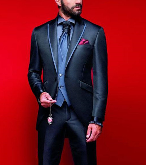 

Handsome Dark Navy Blue Men Suits For Wedding Slim Fit One Button Groomsmen Tuxedos 3Pieces Wedding Suit (Jacket+Pants+vest, As picture