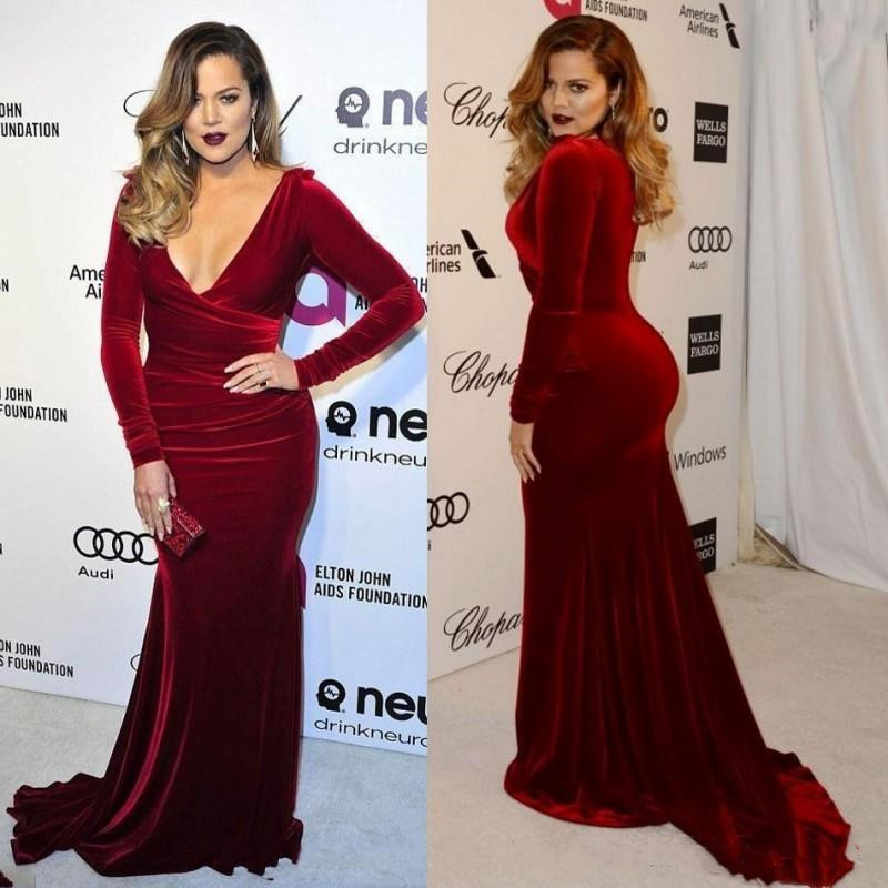 2019 Plus Size Prom Dresses Burgundy V Neck Long Sleeves Floor Length Velvet Mermaid Party Gowns Graduation Evening Dress