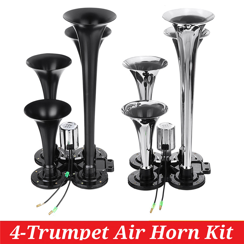 

12V/24V 4-trumpet air horn 150DB Silver Zinc Alloy Chrome Plated 4-Trumpet Train Car Air Horn Kit for Trucks Cars Automobiles