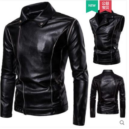 

Autumn and winter men' personality detachable sleeve leather jacket trend motorcycle men' winter leather jacket, Black