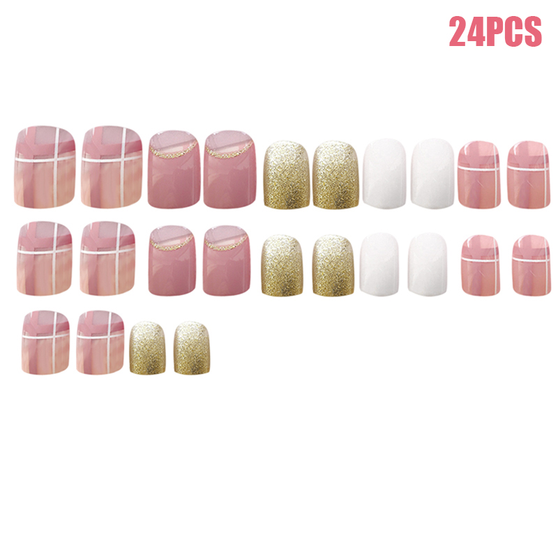 

24 Pcs Elegant Pink White Gold Nail Art Stickers French Style Waterproof Nail Art Patch CJ666, As show