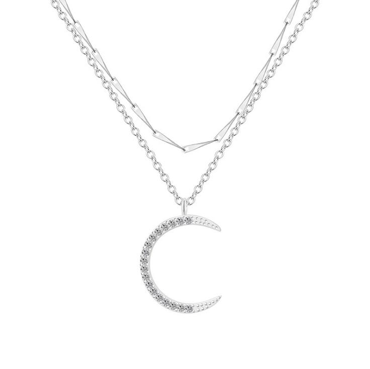 

925 Sterling Silver Double Chains & Moon Pendant Necklace with CZ Stones For Women