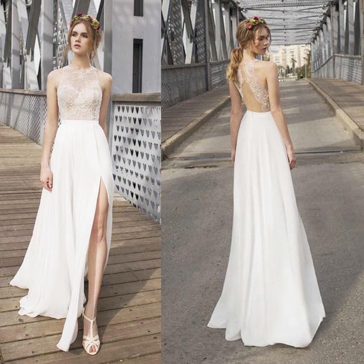 

2020 Sexy Back Beach Wedding Dresses Jewel Sleeveless Lace Chiffon Floor Length Side Slit Custom Made Wedding Gown vestido de novia, Same as image
