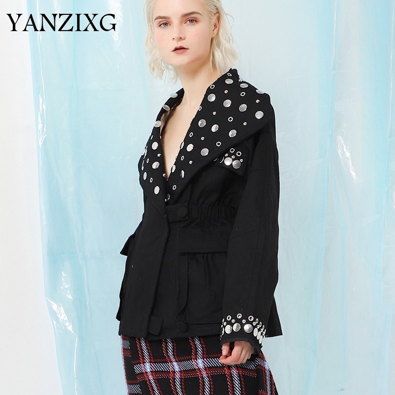 

Rivet Eyelet Female Jacket Coat Lapel Long Sleeve Big Sizes Jackets For Women 2019 Spring Autumn Fashion Streetwear Fashion E560, Armygreen coat