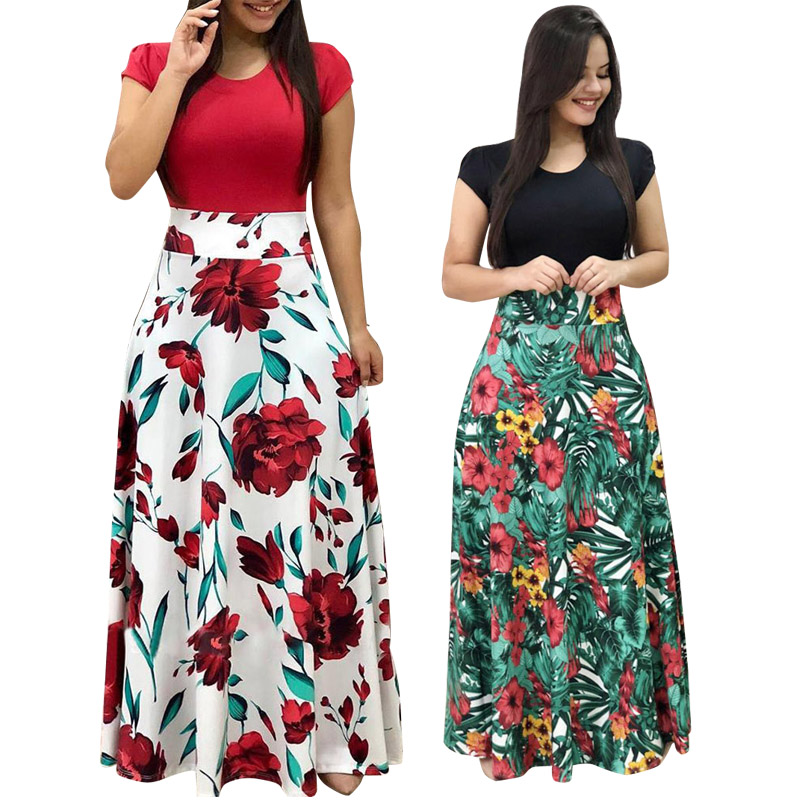 

Hot Sales Plus Size Women Summer Dress 2020 Patchwork Vintage Floral Long Dresses Casual O-neck Short Sleeve Boho Beach Dress, Ts8026-d008
