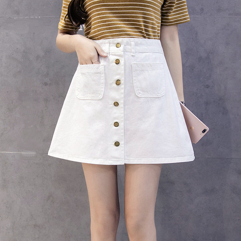 

summer new cotton-containing A-line denim skirt high waist button skirt solid color bag hip white, Black