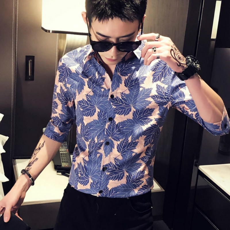 

2020 Summer Leaf Print Hawaiian Men Shirt Night Club Streetwear Social Shirts Casual Slim Fit Short Sleeve Shirts Chemise Homme, Navy blue