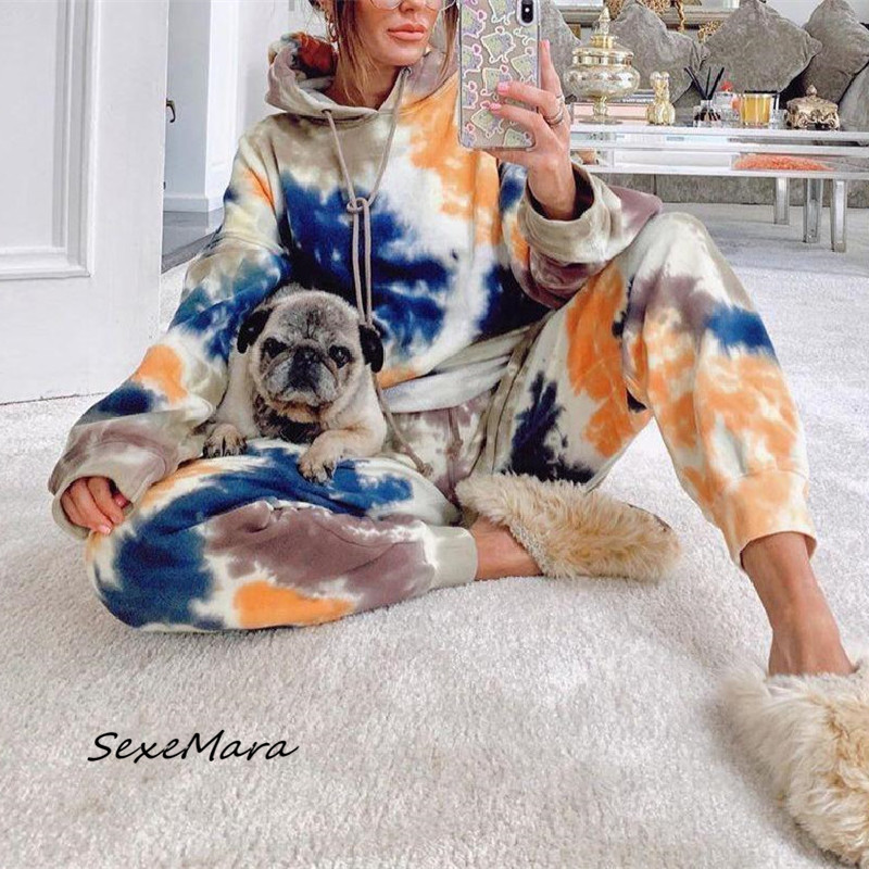 

Autumn Fashion Print Hooded Women Pajamas 2020 Casual Long Sleeves Loose Pajama Sets Women