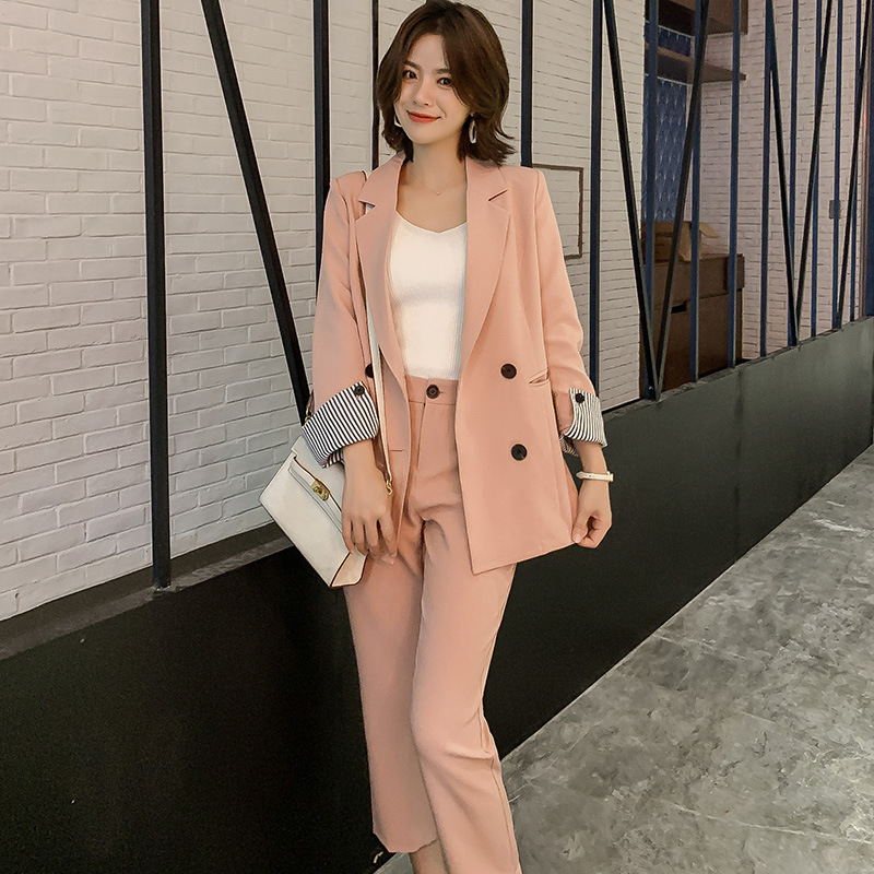 

Women' suit 2019 autumn new casual fashion temperament slim slimming solid color double-breasted small suit trousers two-piece