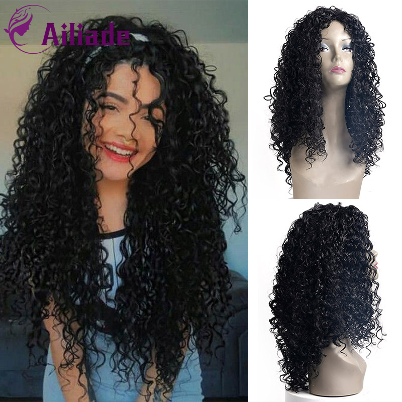 

AILIADE Afro Kinky Curly Long Wigs For Black Women Synthetic Wigs Black Ombre American African Heat Resistant Fluffy Wig, Bang