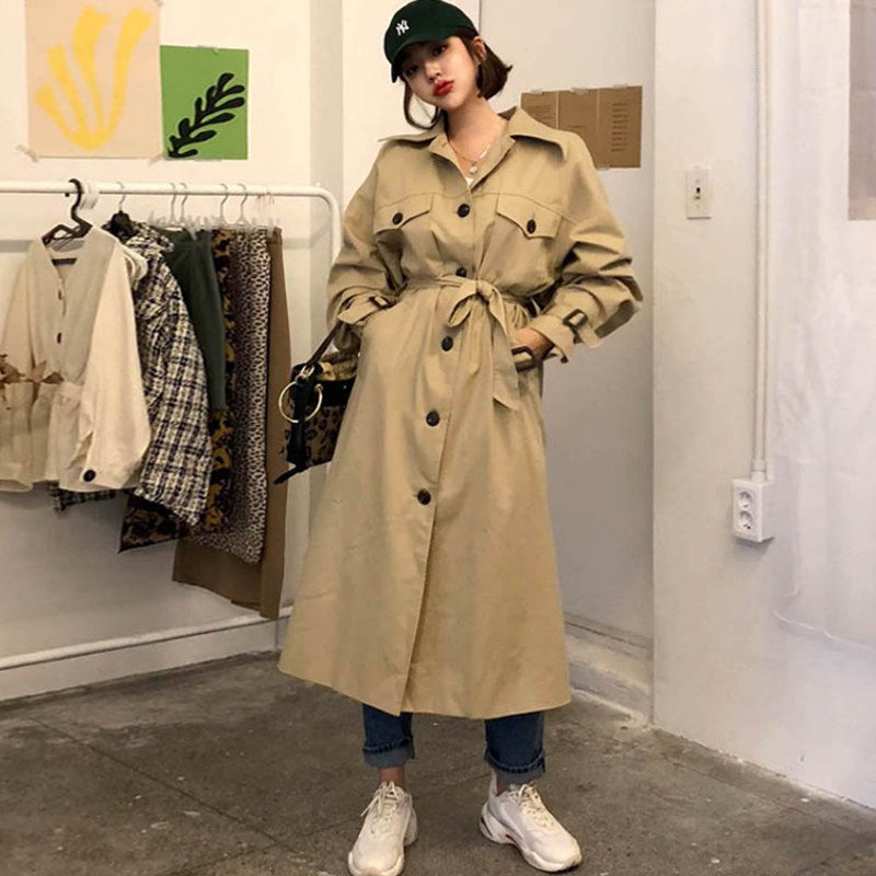 

Vintage Khaki long trench coat for women temperament overcoat female 2019 autumn trend waist belt women' Windbreaker FY41