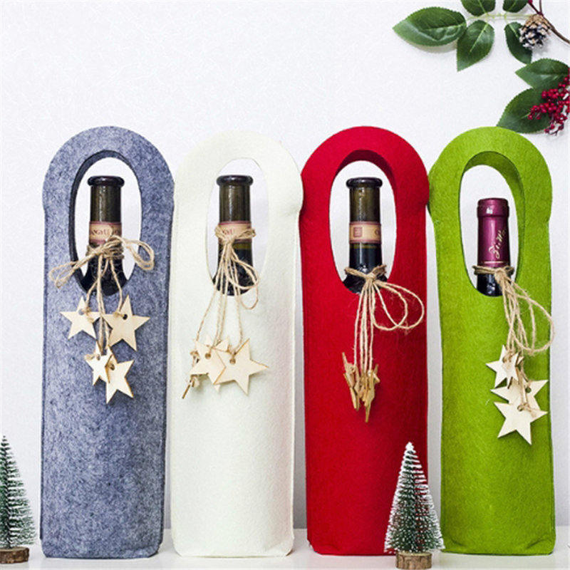 

Unique Pure Colour Wool Felt Christmas Wine Bottle Cover Wiht Star Shape String Champagne Gift Holders Xmas Party Supplies