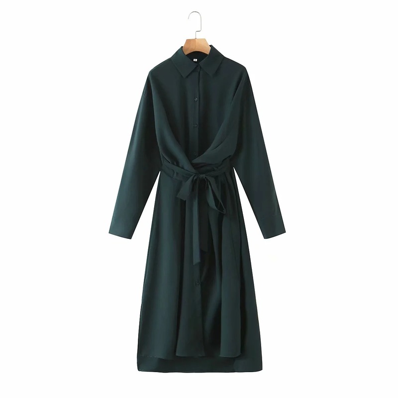 

XZ2447 Europe and the United States the new summer 2020 fashion show thin with belt shirt joker loose style dress, Green
