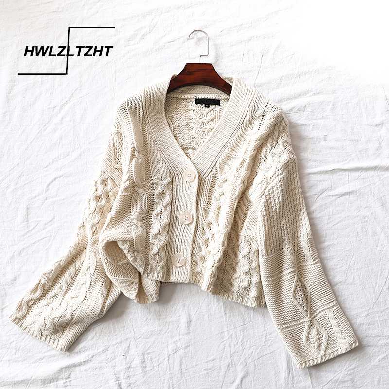 

HWLZLTZHT Vintage Patchwork Cable Knitted Sweater Women 2020 Fashion V Neck Long Sleeve Female Cardigan Chic Short Style Tops, Beige