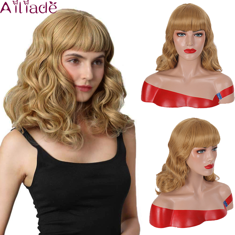 

AILIADE Women's Medium Length Blond Hair Black Wavy Wig Synthetic Heat Resistant African American with Bangs Vintage Wigs, 1b/27hl