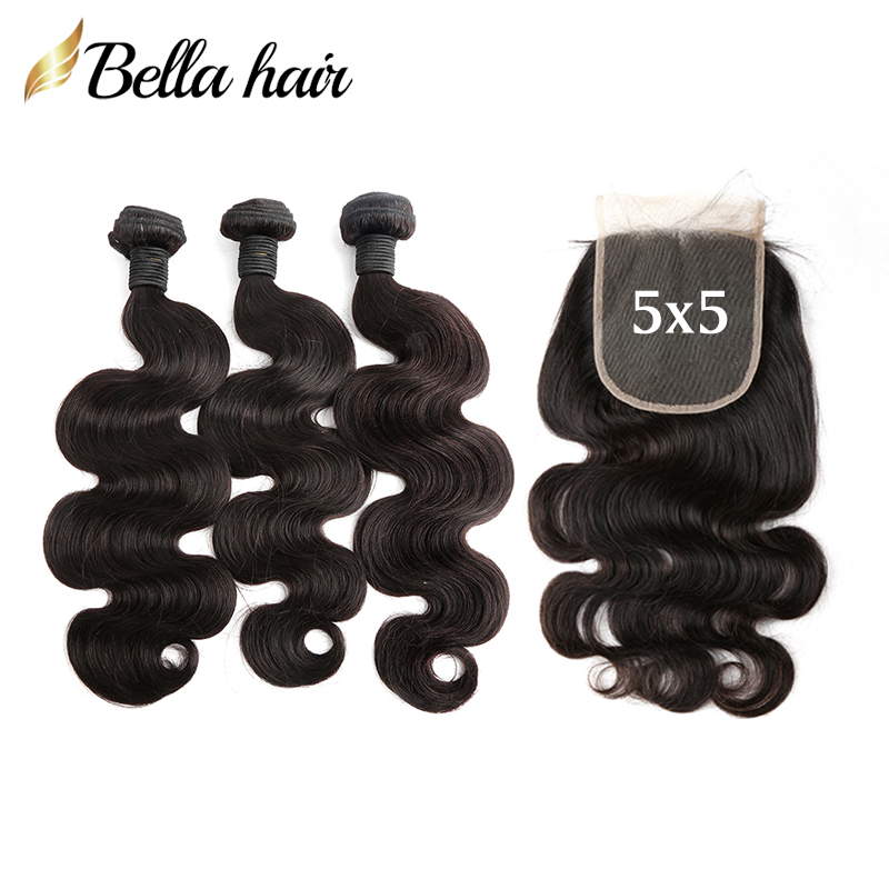 

Bella Hair Peruvian Body Wave Hair Bundles 5x5 Closure 10-34inch Brazilian Natural Black Virgin Weaves with LaceClosure, Natural color