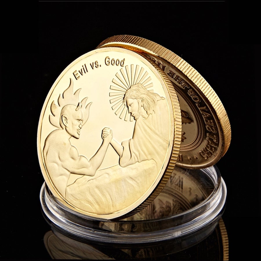 Jesus Against The Evil Satan Christ Beliefs Gold Plated Craft Antique Coins n God We Trust Coin-image-521541780