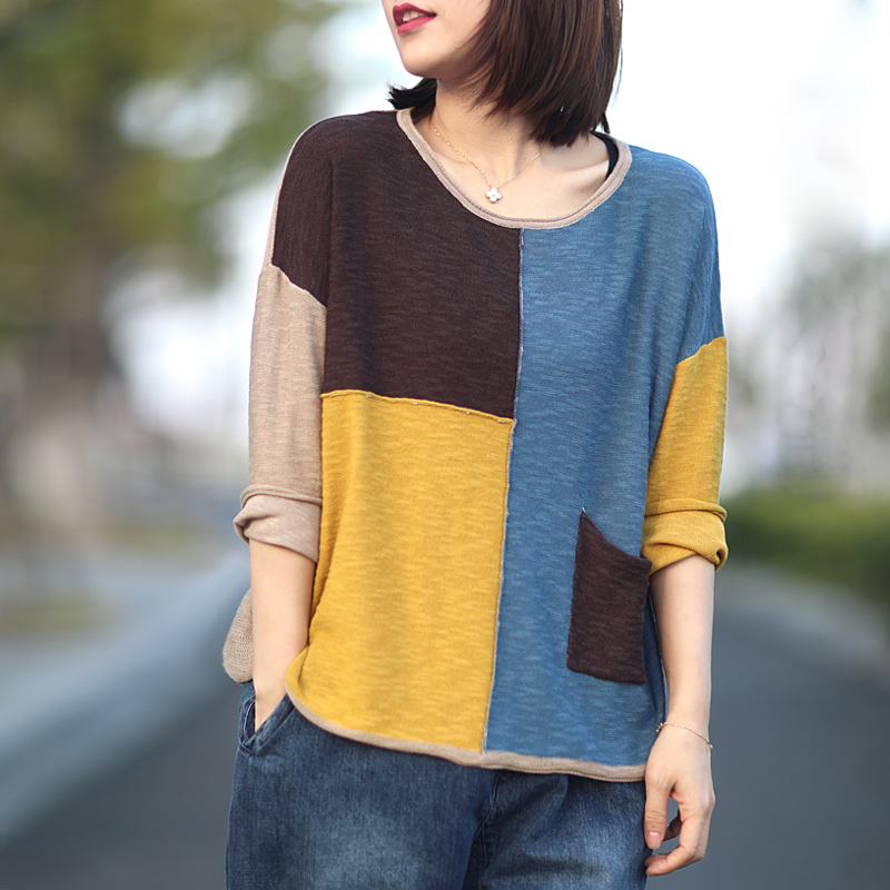 

Johnature Women Patchwork Color Pullover Knitted T-Shirts Vintage Loose Linen Spring Original Female 2020 New Casual T-Shirts, Yellow