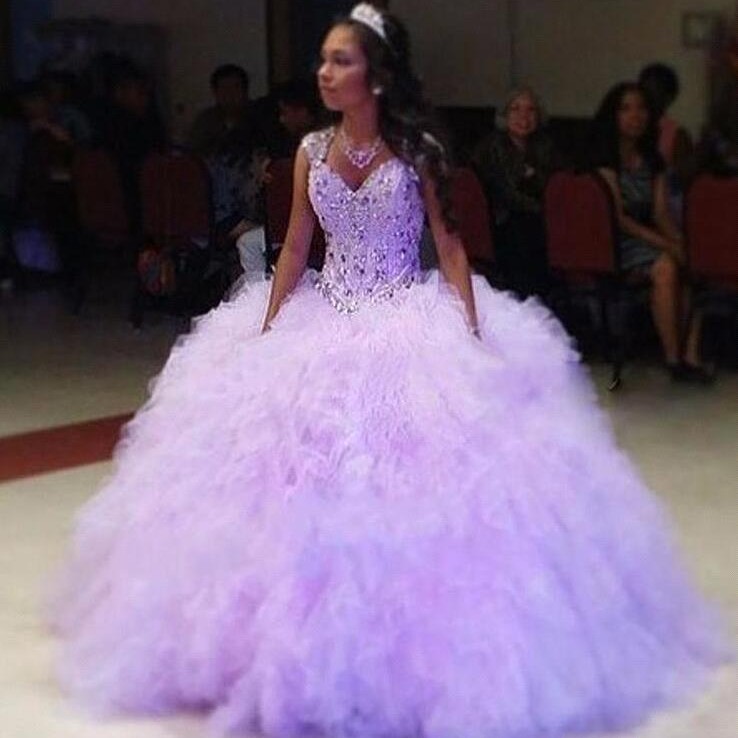 

Lilac Sweetheart Quinceanera Dresses Crystals Beaded Ruffles Tiered Ball Gown Organza Quinceanera Dresses Sweet 16 Ball Gowns BA6027, Purple