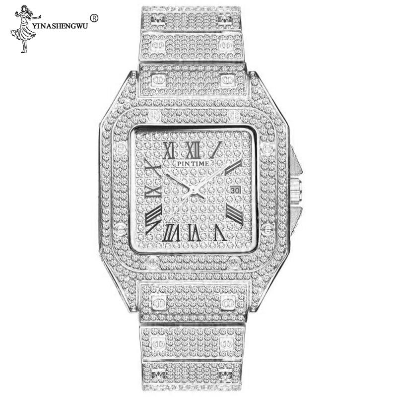 

Hip Hop Iced Out Men Watch Square Diamond Quartz Mens Wrist Watches Gold Roman Calendar Steel Clock Relogio Masculino New, Silver watch