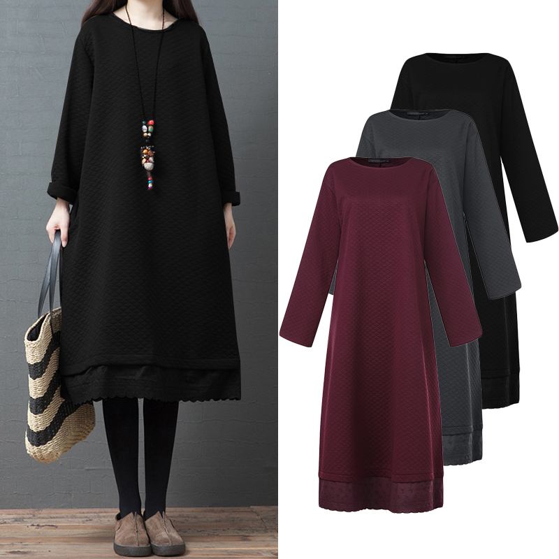 

Spring Hoodies Dress Women's Sundress ZANZEA 2020 Elegant Casual Tunic Midi Vestidos Female Lace Patchwork Robe Plus Size 5XL, Black