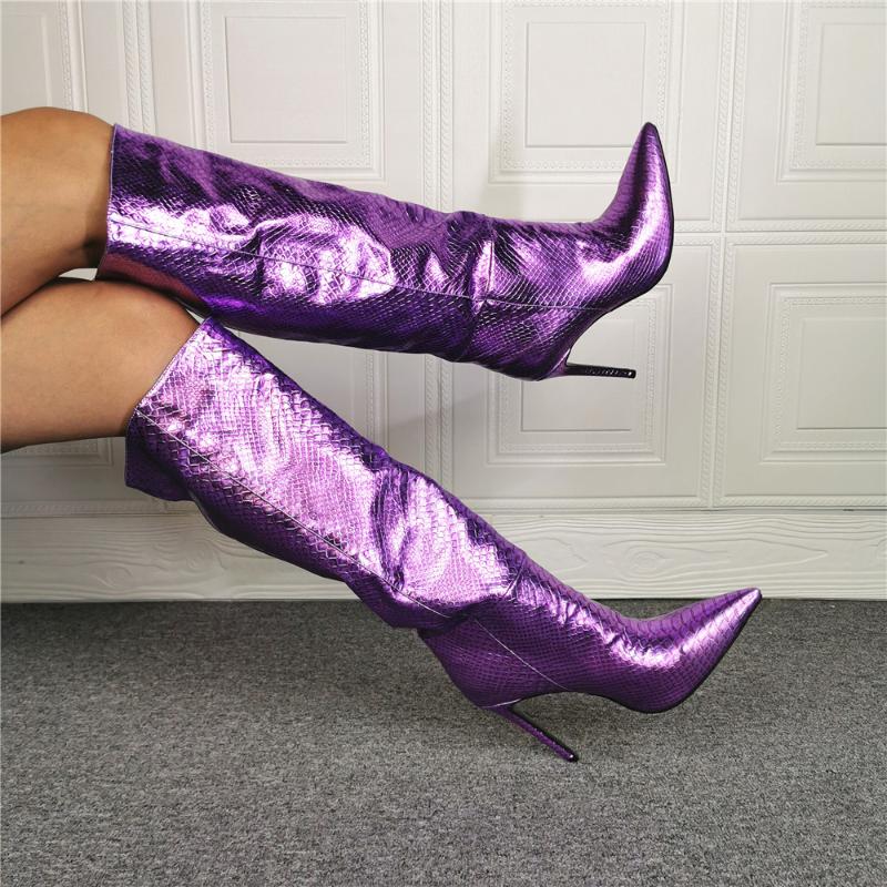 

High Quality Sexy Winter Boots Women Knee High Boots New Purple Knee Pointed Toe Boot Women Heels Retro Knight, As pic