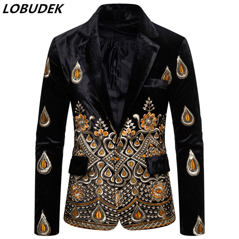 

Tuxedo Blazer Court Dress Black Velvet Embroidery Suit Blazers Vintage Slim Fit Casual Coat Jacket Bar Club Singer Stage Costume