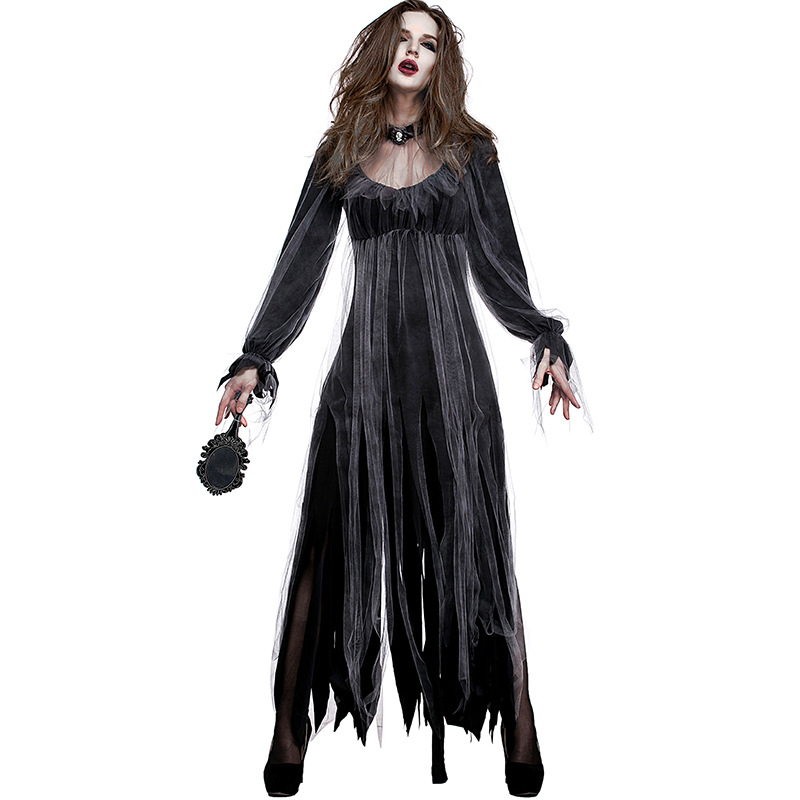 

Theme Costume Umorden Black Horror Ghost Dead Corpse Zombie Bride Long Bridal Dress Women Adult Halloween Scary Cosplay Costumes, As pic