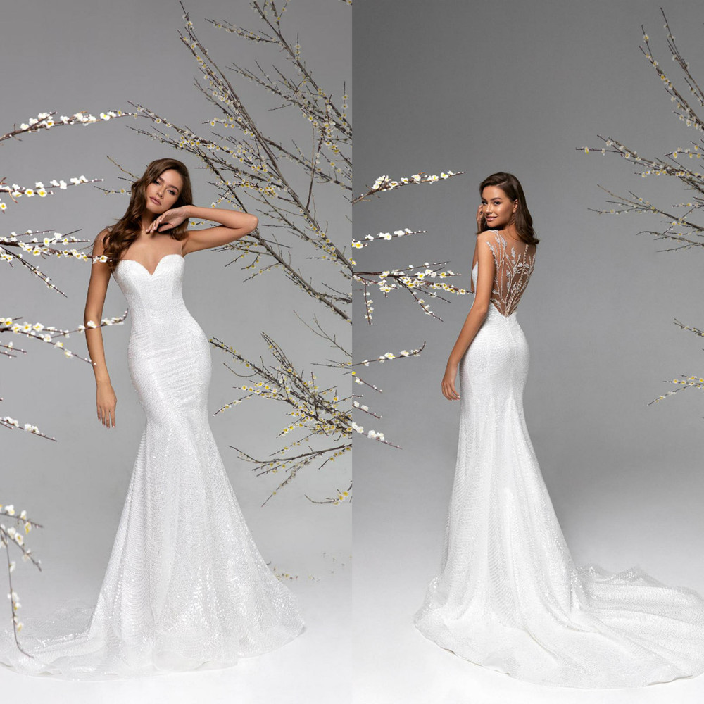 2021 robes de mariée élégantes Button Back Robes de mariée Custom Made Dentelle Appliques pleine perle Serre Train Mermaid robe de mariée