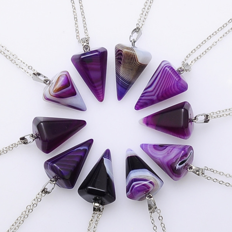 

Natural Gemstone Pendant Necklace Crystal Healing Chakra Reiki Silver Stone Hexagonal Prisme Cone Pendulum Charm Necklaces Chain Jewelry