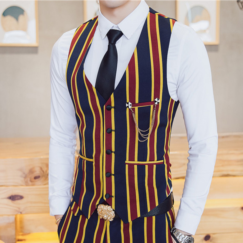 

2020 Chaleco Hombre Fashion British Style Stripe Printing Single Row Buckle Vest Waiter Nightclub Vest Work Clothes Man, Brown