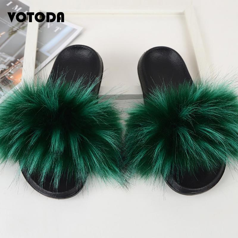 

Summer Women Raccoon Fur Slippers Faux Fur Slides Flat Indoor Flip Flop Ladies Furry Plush Slipper Cute Fluffy Sandals, Black