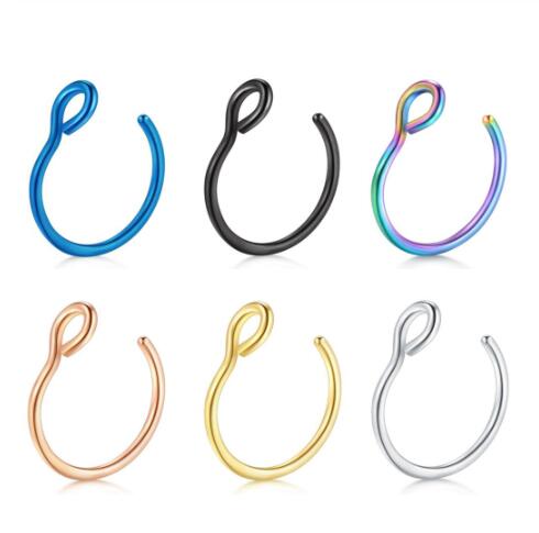

Nose Ring 20G Stainless Steel Piercing Body Jewelry 8mm Fake Nose Rings Hoop Faux Lip Septum Ring Set 6 colors, Silver