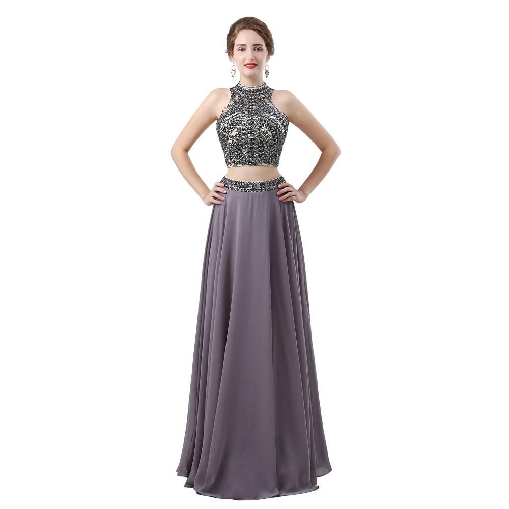 grey two piece prom dress