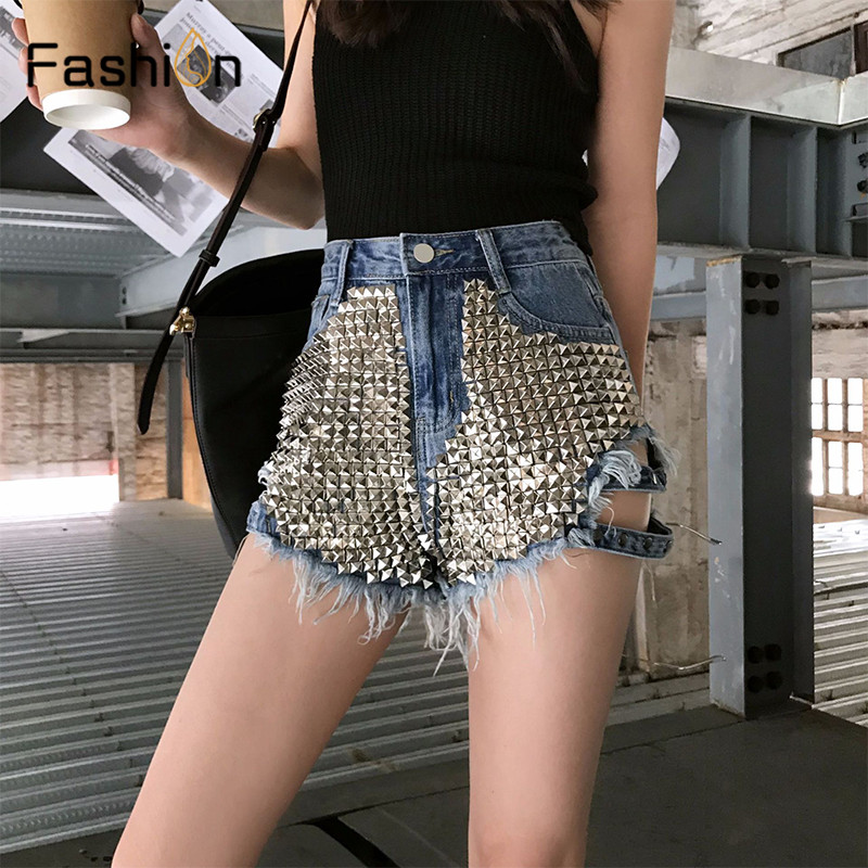 

Women Black Rivet Ripped Holes Jeans Shorts Street Wear High Waist Girls Fringe Denim Hot Shorts Ladies Summer Sexy Femme