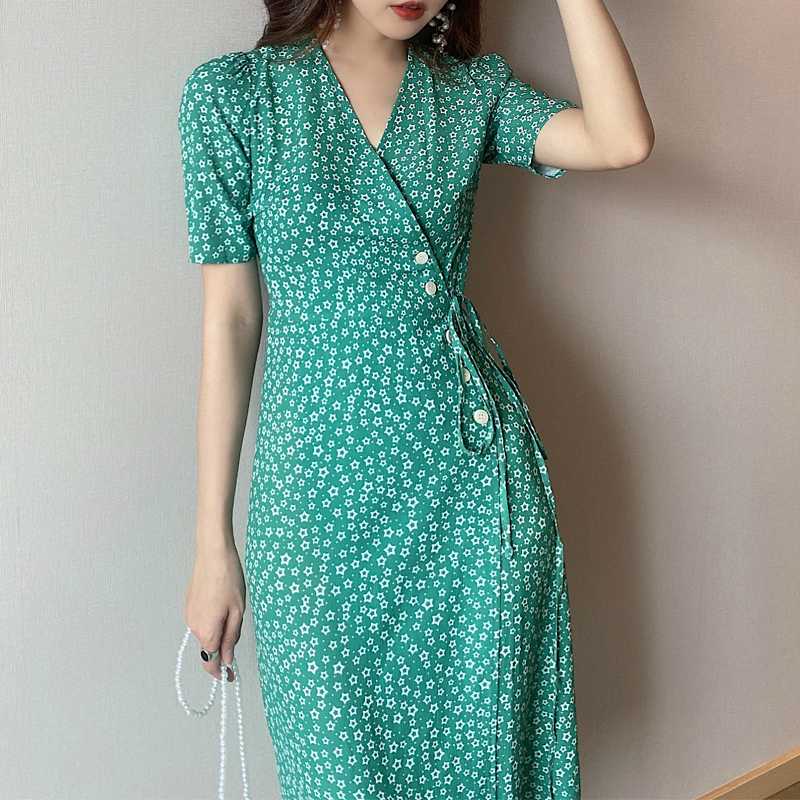 

2020 summer new Women Floral Print Short Sleeve Waist Buttons Soft Viscose Sexy Sweet Slim Wrap Midi Dress, Red