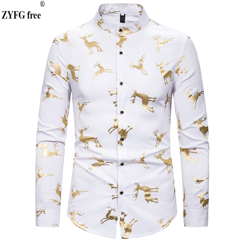 

Plus size spring men long sleeve shirt mens casual style shirts fawn bronzing printing fashion shirt white gold silver color