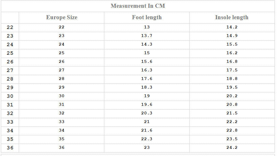 Kids Slipper Size Chart